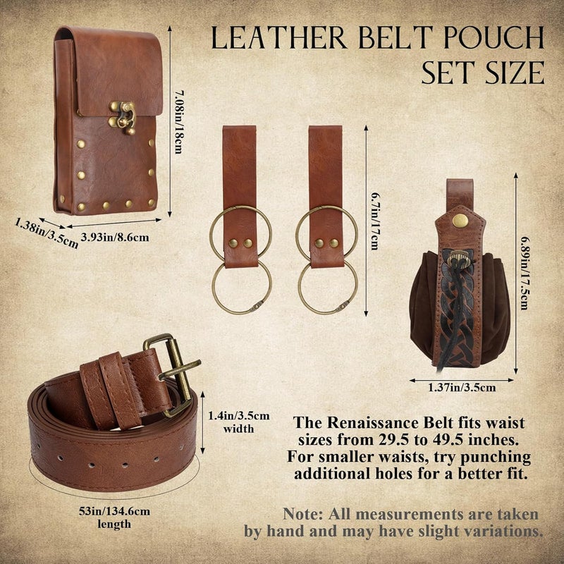 bcehyaa Store Renaissance Belt Pouch Medieval Viking Pirate Leather Bag Potion Bottle Set Skirt Hike Halloween Cosplay Costume Accessorie (Pirate Belt-Brown, Belt Pouch) - Image 5